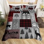 Happy Camping Duvet Cover Set Queen,Gray Red Geometric Plaid Comforter Cover Rustic Farmhouse Bedding for Kids Teens Adults RV Decor,Deer Pine Bear Animal Outdoor Adventure Quilt Cover,2 Pillowcases