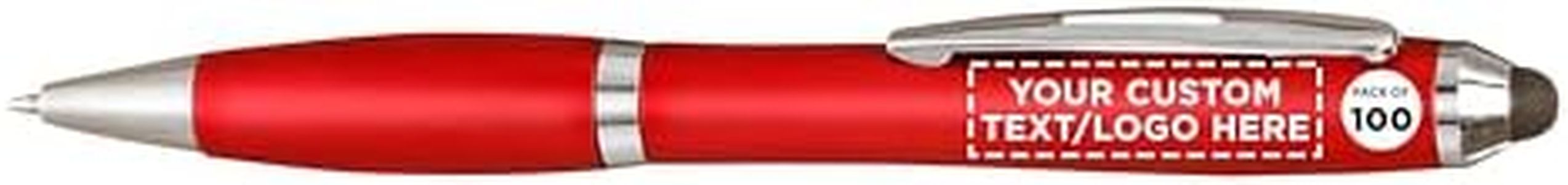 DISCOUNT PROMOS Custom Plastic Stylus Pens Set of 100, Personalized Bulk Pack - Black Ink, Great for Office, School, Business, Tradeshows, Events - Red