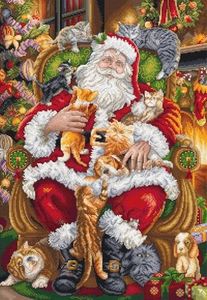 Wizardi Counted Cross Stitch Kit "Paws & Presents" L9947 – Christmas Santa Claus & Cats Embroidery, 16ct White Aida Luca-S 63 Colors Floss, Needle, Chart, 12.6x18.11" Kit for Adults Letistitch