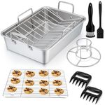 P&P CHEF Roasting Pan Set (8 PCS), 14 Inch Stainless Steel Turkey Roaster Pan, Flat & V-Shaped Roasting Racks & Beer Can Chicken Holder, Meat Claws & Tenderizer, Brush, Healthy & Heavy Duty