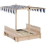 Outsunny Kids Wooden Sandbox with Lid Outdoor Backyard Playset Children Play Sand Station w/Adjustable Cover & Convertible Bench for 3-7 Years Old, Natural