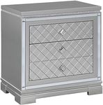 Benjara Axl 29 Inch 2 Drawer Nightstand, USB Ports, Embossed, Mirror Trim, Silver