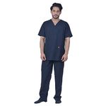 FRENCH TERRAIN® Unisex Polyester Viscose V-Neck Scrub Suit OT Dress Set Top and Bottom with 3 Pockets (Size_ 44-2XL, Dark Navy Blue)