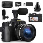 Mo Digital Cameras for Photography, 48MP&4K Vlogging Camera for YouTube, Video Camera with Wide-Angle & Macro Lenses, 16X Digital Zoom, Flip Screen, External Microphone, 32GB TF Card,Black