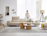 Fabrique Lagoon - Leatherette Moden Design 4 Seater Sofa Set with Puffy | for Home Guests Office & Living Room | Luxuries Premium Stainless Steel Legs | with Moveable Headrest and Armrest | Cream