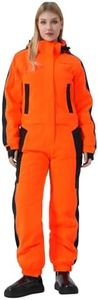 MOUS ONE Women One Pieces Ski Suits Waterproof Warm Insulated Ski Jumpsuit Removable Hood Snowsuit for Snow Sport(Orange, Large)