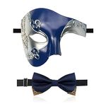 IncreDecor Masquerade Mask for Men Phantom of The Opera Half Face Mask with Bowtie, Vintage Venetian Masks for Halloween Costume Party (Blue)