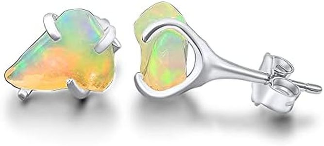 Natural raw fire white opal stud earrings with white gold over 925 sterling silver, 6 to 7mm rough genuine October birthstone gift for her, Uniquelan Jewelry (Opal (white))