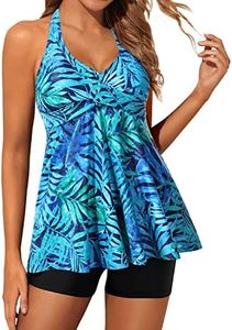 Yonique Two Piece Tankini Swimsuits for Women with Shorts Halter V Neck Bathing Suits Flowy Twist Front Swimwear, Tropic Leaf, XX-Large