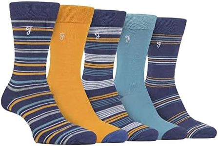 Farah - Mens 5 Pack Natural Organic Bamboo Bright Striped Patterned Socks (6-11, Navy/Blue)