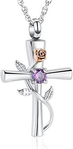 shajwo Cross Urn Necklace for Ashes Birthstone Rose Flower Cremation Jewelry for Women Gilrs Keepsake Memorial Ashes Pendant,Purple