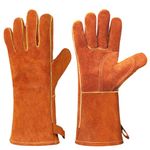 Xndryan Leather BBQ Gloves, 14 IN Extreme Heat Resistant Gloves Fire Proof Gloves for Grill, Barbecue, Fireplace, Oven, Baking, Stove, Welding, Firefighting, Cowhide Leather Gloves for Men Women