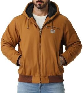 TUAOVA Men's Work Coat Washed Duck Fleece Lined Waterproof Workwear Fit Relaxed Winter Hooded Active Jacket(Khaki,L)