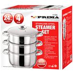 24 cm Prima Steamer Set | 4 Pcs Stainless Steel | Glass Lid | 3 Tier Pot | CAPSULATED Bottom | Home Cook | Chef | Healthy | Vegetable | Chicken | Meat | Fish | Salmon | UK Free P&P