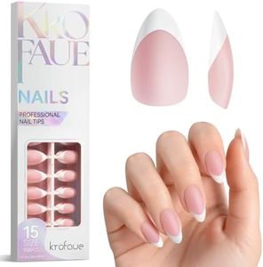 Krofaue French Tip Short Almond Nail Tips–Pink Matte White Tip Full Cover Press On Nails, 15 Sizes Almond Fake Nails for Nail Salon & Home DIY