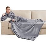 Bedsure Wearable Blanket with Sleeves Women - Warm Fleece Blanket as Gifts for Her, Cosy TV Blankets with Front Pocket for Adults Men, Grey, 150 x 200 cm