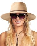 FURTALK Womens Sun Hat Summer Straw Beach Hats UPF 80+ Wide Brim Panama Fedora Hats with Wind Lanyard, Khaki, Medium-Large