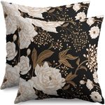 Vintage Peony Black Floral Plant Pillow Covers 18X18 Inch Set of 2 Chinoiserie White Flower Brown Leaves Decorative Pillow Cases Black Gold Cushion Case Vintage Home Decor for Sofa Couch Outdoor