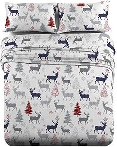 Royal Tradition Heavyweight Flannel, 100-Percent Cotton King 4PC Bed Sheets Set, Christmas Deer Print, 170 GSM