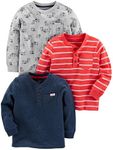 Simple Joys by Carter's Toddler Boys' Long-Sleeve Shirts, Pack of 3, Grey Dogs/Navy/Red Stripe, 3T