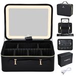 Large Makeup Case with LED Mirror Vanity Case Removable Light Up Mirror PU Leather Portable Makeup Artist Carry Vanity Box with Dividers Makeup Brush Holder, Black