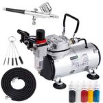 Timbertech Airbrush Kit with Compressor AS18-2K Basic Start Kit with Air Hose, Cleaning Brushes, and Test Paints for Hobby, Body Tattoo, Model Painting, Automotive Graphic, Make-up