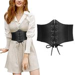 Women Lace Up Corset Belt Elastic Waist Cinch Belts Retro Wide Tied Waspie Belt Top Goth Steampunk Bustier Waist Cincher Waist Band with Press Button Straps for Dresses Costume Halloween Party (Black)