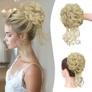 Sofeiyan Chignon Postiche Cheveux Bouclé Extensions de Cheveux Ondulés Synthétiques Updo avec Tendrillons Postiches Chignon Elastique Donut Chouchous pour Femmes, Blond cendré clair