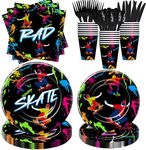 YJRJSC Skateboard Party Decorations Tableware - Skate Birthday Party Supplies, Paper Plate, Cup, Napkin, Disposable Cutlery, Skateboard Theme Skate Birthday Decorations Dinnerware | Serve 24