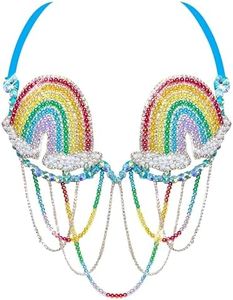 Neva Nude Rainbow Happy Meal Rhinestone Crystal Jewel Carnival Bra for Raves and Festivals, Adjustable, Handmade in USA (Small)