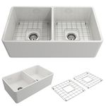 Classico Farmhouse Apron Front Fireclay 33 in. Double Bowl Kitchen Sink with Protective Bottom Grid and Strainer in White