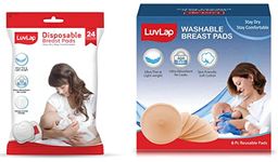 LuvLap Ultra Thin Disposable Breast Pads, Super Absorbent, Discreet Fit, Pack of 24 (White) & LuvLap Washable Breast Pads, Pack of 6