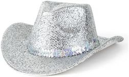 Gossifan Western Hats for Women Men Sparkly Cowgirl Hat Wide Brim Felt Cowboy Hats Disco Party Music Hat-Sliver