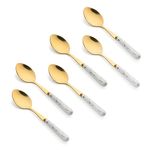 MGeezz Golden Stainless Steel Ceramic Spoons Set for Home Kitchen & Restaurant Cutlery Dinner Table Bouillon Spoon Oval Edge with Ceramic Handle Tableware Serving Spoons (Golden Small Spoon Set of 6)