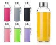 Glass Water Bottles 6 Pack With Sleeves and Stainless Steel Lids - 18oz Size - Leak Proof Caps, Reusable and Perfect For Travel and Storing Beverages Juice, Smoothies, Kombucha, Kefir, Tea