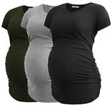 Smallshow Women's V Neck Maternity Clothes Tops Side Ruched Pregnancy T Shirt 3-Pack Army Green-Black-Light Grey Large