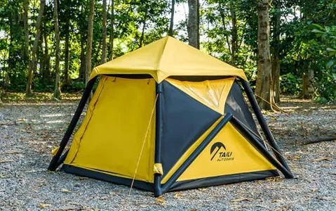 TAILI Inflatable Blow Up Tent for Camping with Hand Pump for 2-4 Person, Easy Setup Outdoor Inflatable Oxford Waterproof Air Tent House for Family Camping Adult, Yellow Black