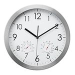 WOOPHEN 12 Inch Wall Clock with Temperature and Humidity, Battery Operated Non Ticking Silent Metal Frame Wall Clocks for Office, Home, Bathroom, Kitchen, Bedroom, School, Living Room(White)