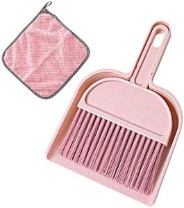 Meiosuns Mini Dustpan and Brush Set, Multi-Functional Cleaning Tool with Hand Broom Brush, Plastic Dust Pan, Coral Fleece Dishtowel/Cleaning Cloth for Home Kitchen Keyboard Cars (Pack of 2, Pink)