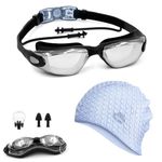 SLOVIC Black Swimming Goggles & Blue Embossed Swimming Caps for Men & Women with Silicon Nose Bridge | Free Size Cap, UV-Protected Anti-Fog Glasses, Push-Button Strap with Ear Plugs & Nose Clip