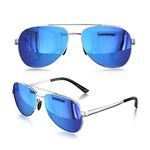 LUENX Aviator Sunglasses for Men Women Polarized - Silver Frame Blue Lens Mirrored Driving uv 400 Protection