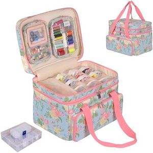 Remobia Hicol Double Layer Sewing Organizer - Bonus 2 Clear Plastic Boxes/2Detachable Pouches, Extra Large Capacity Bag for Threads, Needles & Craft Supplies (Rose Pattern)