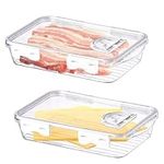 2pcs Bacon Container,Cheese Container for Fridge with Timer,Airtight Thick Plastic Deli Meat Storage Containers for Fridge, Lunch Meat Container with Lids, Kitchen Food Storage Containers