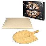 Navaris XL Pizza Stone Set for Baking - Cordierite Pizza Stone Plate with Large Wooden Pizza Peel Board for BBQ Grill Oven - Rectangular, 15 x 11.8 in