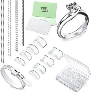 Ring Size Adjusters Set for Loosing Rings in 2 Styles, 12 Sizes, Ring Size Reducer Spacer Ring Guard Ring Resizer Tightener with Ring Sizer Measuring Belt, Jewelry Cloth and Organizer (16 Pieces)