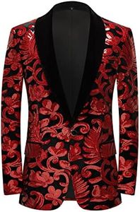 PYJTRL Men Fashion Velvet Sequins Floral Pattern Suit Jacket Blazer (Red, 3XL)