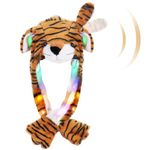 SUNHUITOY Animal Hat Plush Ears Moving Jumping Dress Up Cosplay Party Christmas Holiday Cute Ear Flap Cap for Kids Adults (Brown Tiger)