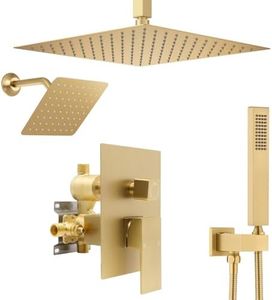 NPYSVSSS Shower System Dual Shower Heads with 12" Ceiling Mounted Rain Shower Head & 6" Wall Mounted Head Full Body Luxury Rain Shower System 3 Way Pressure Balance Valve Kit, Brushed Gold