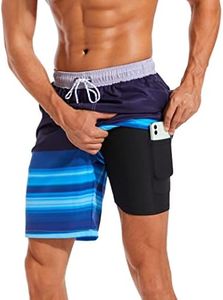 difficort Mens Swim Trunks with Compression Liner Quick Dry Bathing Suits Shorts with Zipper Pockets,Gradient Blue Stripe,XX-Large
