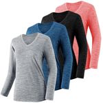 4-7 Pack Long Sleeve Shirts for Women,Moisture Wicking Shirts Long Sleeve Workout Tops for Women V Neck Hiking T-Shirts, 4 Pack Hemp Black,light Gray,blue,watermelon Red, Large